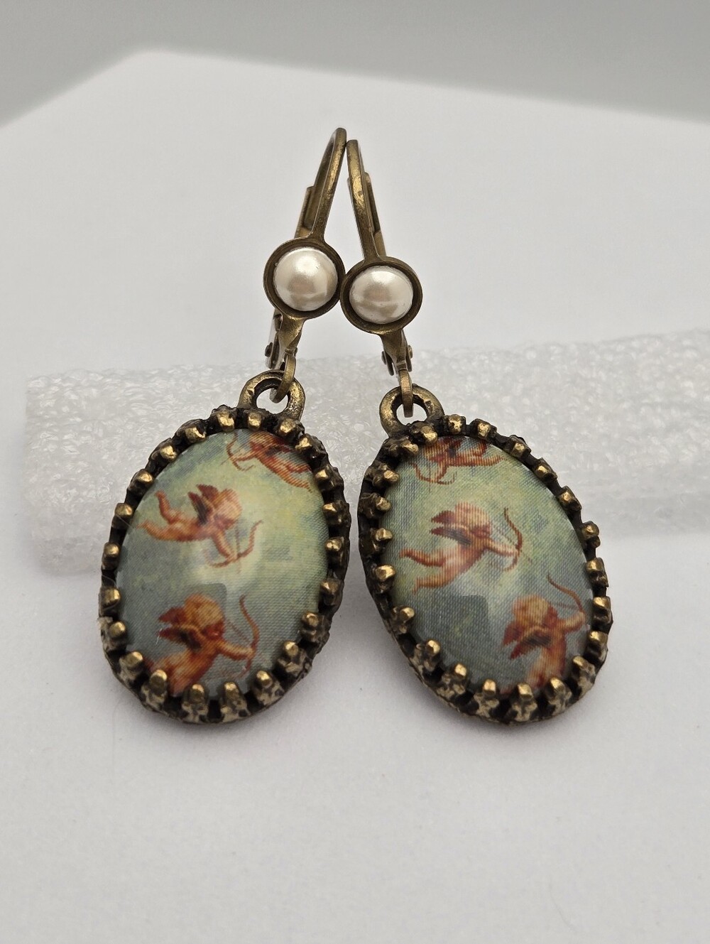 Michal Negrin Angel Cherub Drop Earrings Signed Bronze Pearl 1.5"